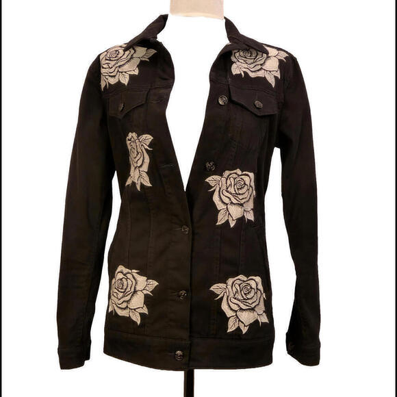 LuLaRoe Jackets & Blazers - LuLaRoe Size XS Black Jaxon Jacket Embroidered White Roses
